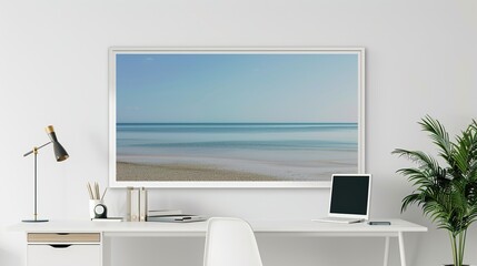 A white rectangular frame in a modern home office, displayed above a simple desk with a computer, lamp, and a small plant. HD 8K mockup wallpaper Photographic Image
