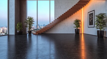 Obraz premium Modern Penthouse Apartment Interior Design City View Wooden Staircase Minimalist Decor