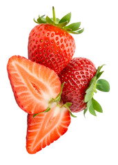 Two fresh ripe red strawberries fruit with two halves in small heap or pile isolated and generated with AI in png file format