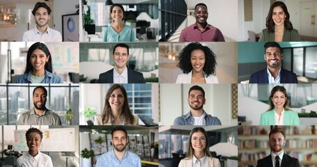 Collage of diverse businesspeople posing in office, multiple faces, head shot view. Different women and men, professionals, company representatives in business environment. Executive, boss portraits