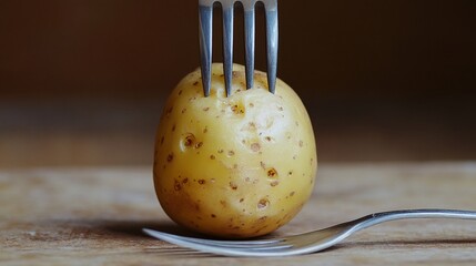 Fork piercing boiled potato on wood, kitchen background, food photography