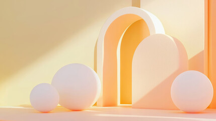 Fototapeta premium 3D abstract arches modern stage fashion orange white arcade modern geometric with glowing curved lines minimalism hallway lobby wallpaper. party music relaxing product display spa background 