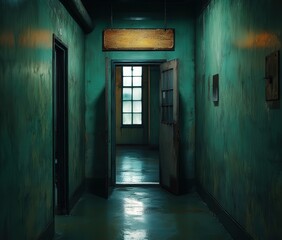 Obraz premium Dimly lit, eerie green hallway with an open door leading to a windowed room.