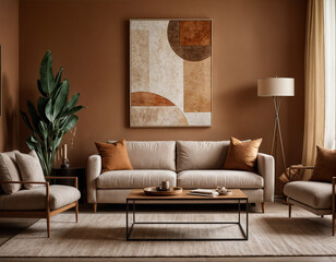 Interior of living room with green houseplants and sofas