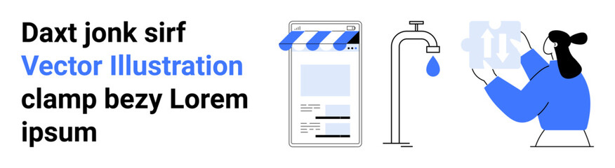 A woman holds plastic bottles, a storefront smartphone interface, and a water tap with a droplet. Ideal for sustainability, recycling, eco-awareness, water conservation, online shopping, technology