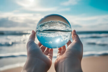 Hands holding crystal ball reflecting ocean horizon, symbolizing clarity, vision, future insight, mindfulness, and peaceful perspective.
