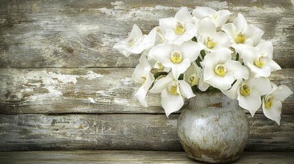 Elegant White Orchid Bouquet in Rustic Ceramic Vase on Weathered Wooden Background