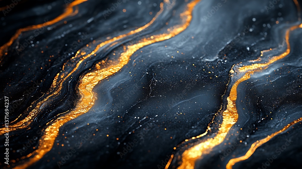 Poster striking abstract texture with golden glitter flowing across a deep, mysterious, inky backdrop, gene