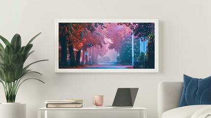A white rectangular frame in a modern living room, displayed above a side table with a coffee cup, a laptop, and a stack of books HD 8K mockup wallpaper Photographic Image
