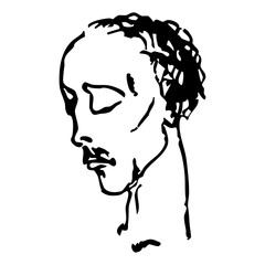 Head of a sad balding man with closed eyes. Male portrait. Hand drawn linear doodle rough sketch. Black and white silhouette.