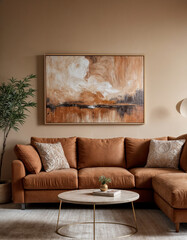 Interior of living room with green houseplants and sofas