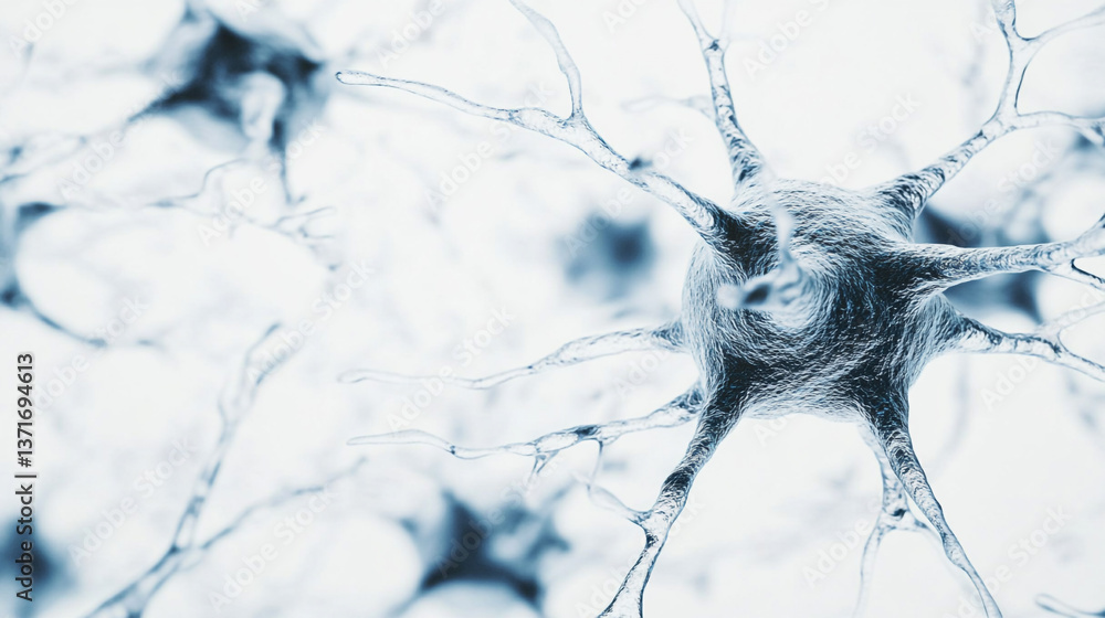 Poster close up view of nerve cells with dendrites and axons on a bright white and light blue background