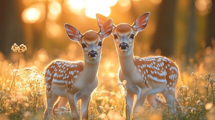 Two young deer graze peacefully in a golden meadow at sunset, a serene and idyllic scene.