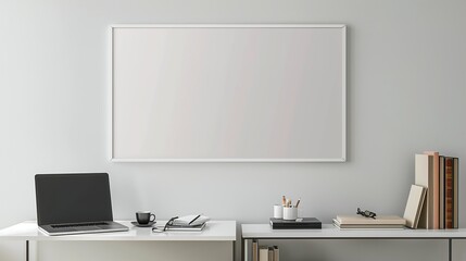 A white rectangular frame in a modern living room, displayed above a side table with a laptop, a cup, and a few books. HD 8K mockup wallpaper Photographic Image
