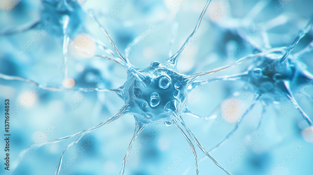 Poster close up view of interconnected neuron cells with blue background and intricate cell structure