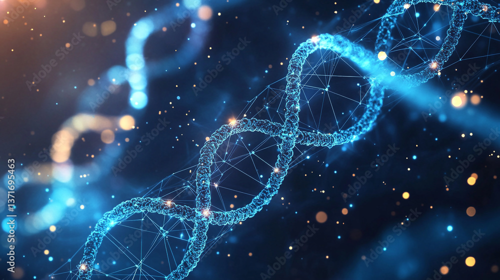 Poster illuminated dna structure with glowing dots and connecting lines on a dark blue background