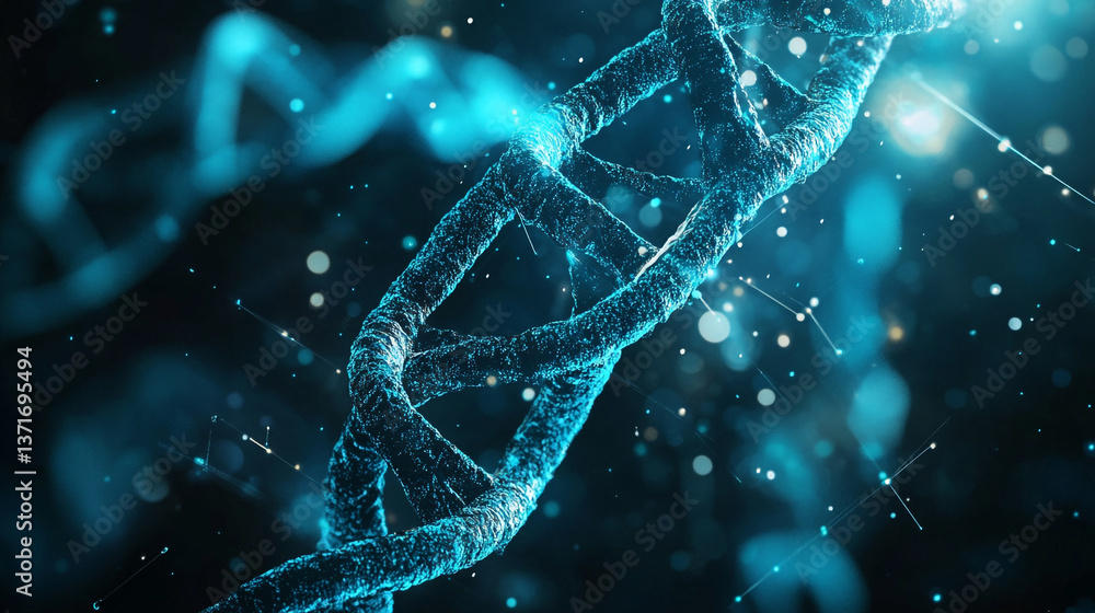 Poster close up of a blue dna double helix strand with particles floating around on a dark background
