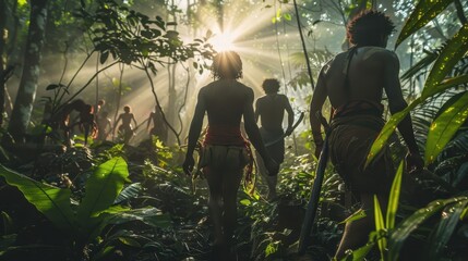 Indigenous Tribe Walking Through Lush Jungle with Sunlight Rays