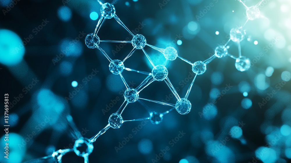 Poster a close up view of a blue molecular structure with connecting lines and glowing light effect