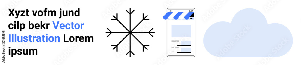 Poster snowflake with arrows, storefront with awning, and simple cloud alongside text. ideal for meteorolog