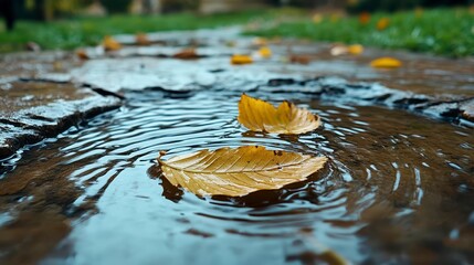 Autumn Leaves on a Puddle of Water