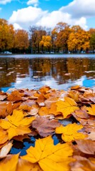 Autumn Leaves on Water Reflecting Colorful Sky