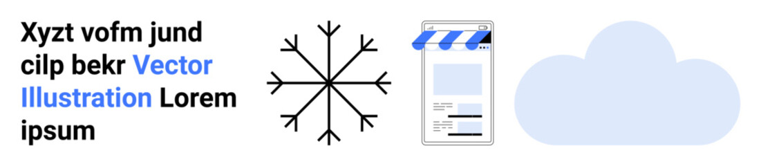 Snowflake with arrows, storefront with awning, and simple cloud alongside text. Ideal for meteorology, winter, retail, technology, e-commerce, cloud computing simple landing page
