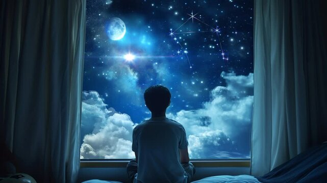 Child sitting on bed gazing at full moon, stars, and dreamy night sky through bedroom window under clouds. Cosmic wonder concept
