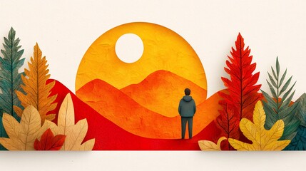 Autumn Scene With Man Contemplating Mountains