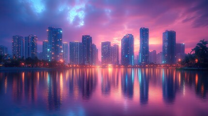 Fototapeta premium Urban skyscrapers reflect on calm waters during sunset, a breathtaking cityscape panorama with colorful hues.