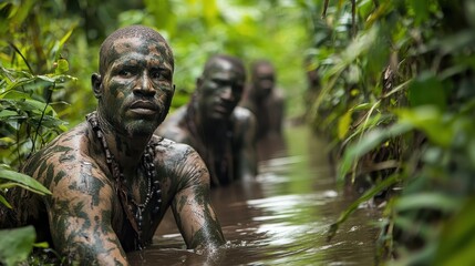Obraz premium Tribal warriors in camouflage posing in lush green jungle waterway