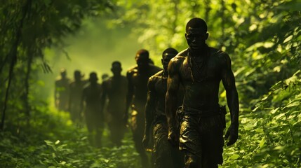 Fototapeta premium Group of Soldiers Marching Through Dense Green Forest Environment