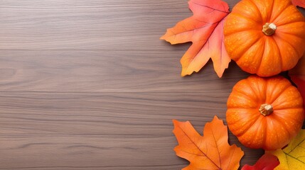 Autumn Wooden Background With Pumpkins And Fall Leaves