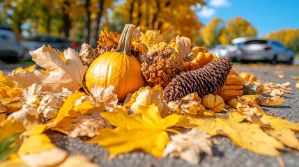 Autumnal Decor Display With Gourds and Leaves