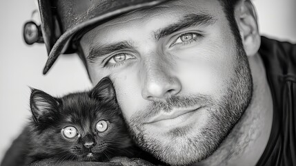 Black And White Portrait Of Man With Cat