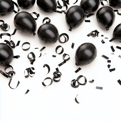 Black Balloons and Confetti on White Background