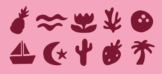 Abstract minimalistic summer set of doodles ,organic shapes and forms.Modern elements in trendy style for banners, social media marketing, branding, packaging, covers, prints. Vector illustration