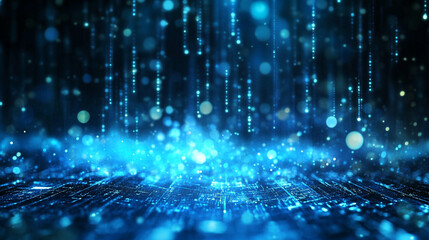 Abstract blue background with falling light particles and circuit board pattern surface