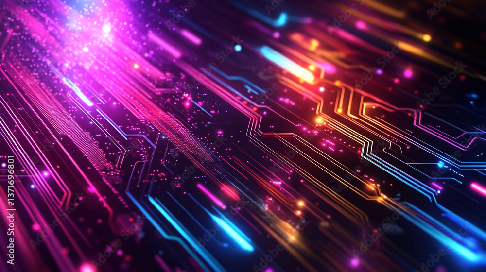 Poster abstract technology background with glowing lines and vibrant colors in a futuristic style