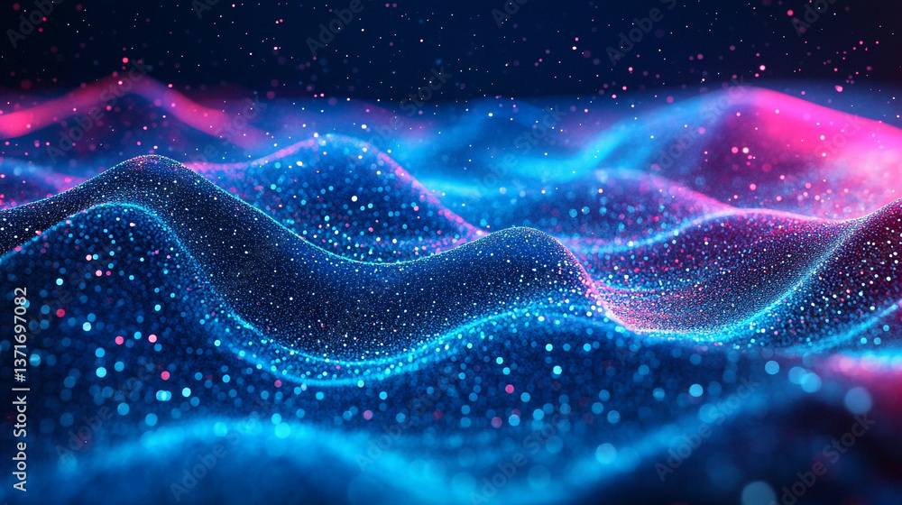 Poster abstract waves of shimmering particles in blue and pink creating a digital landscape effect
