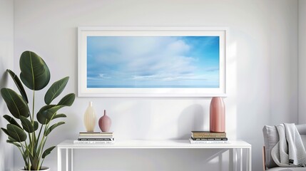 A white rectangular frame in a narrow hallway, displayed above a slim side table with books, a vase, and a potted plant HD 8K mockup wallpaper Photographic Image
