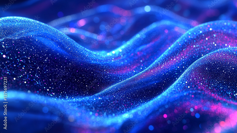 Poster abstract blue and purple waves with glittering particles creating a dynamic and fluid landscape