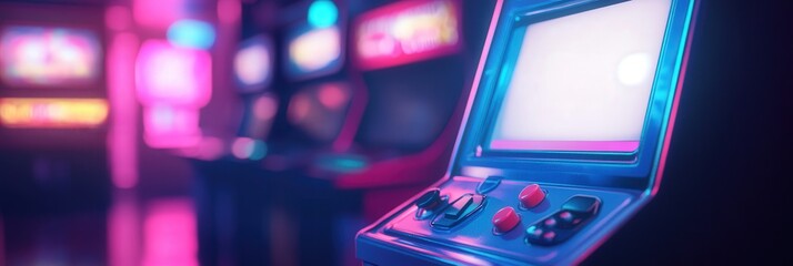 Vintage arcade with neon-lit gaming machines creates a nostalgic atmosphere.