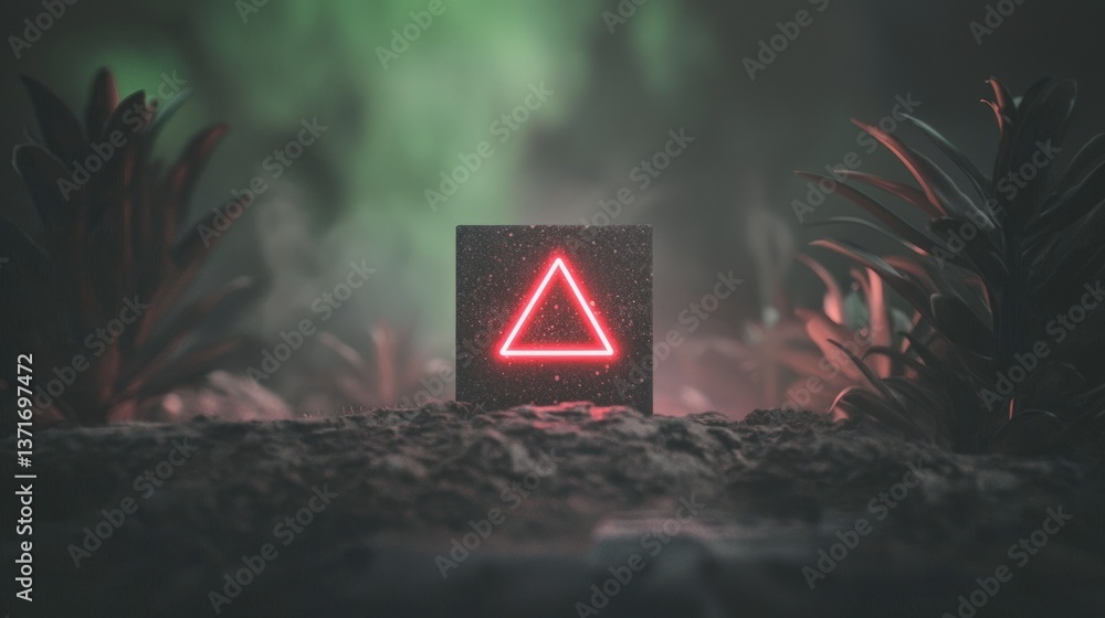 Poster enigmatic cube with neon triangle in dark forest