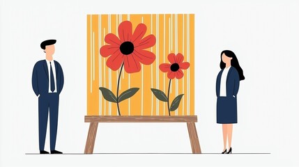 Business People Viewing Red Floral Art Display