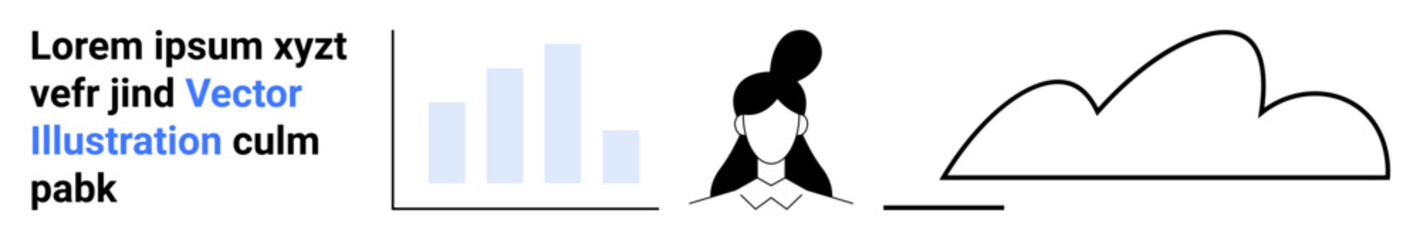 Female avatar next to a bar chart, placeholder text, and minimalistic cloud outline. Ideal for data analytics, cloud computing, business strategy, demographics, education, marketing simple landing