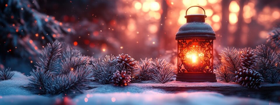 Magical Winter Night with Glowing Lantern Candlelight in Snowy Landscape with Pine Branches and Christmas Ornaments - Powered by Adobe