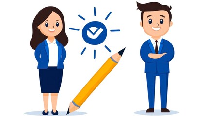 Cartoon Business People Illustration With Checkmark And Pencil