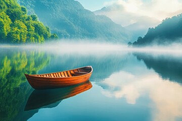 Serene Lake: A wooden boat peacefully floats on tranquil lake, reflecting the misty mountains and vibrant forests of a peaceful landscape. Capture the calmness.