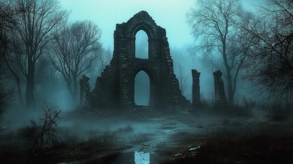 Obraz premium Eerie Ghost Haunting Ancient Cathedral Ruins in a Foggy Forest by a Dark Lake
